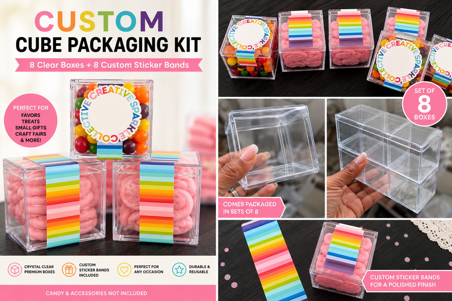 Clear Cube Gift Box Kits with Custom Sticker Bands