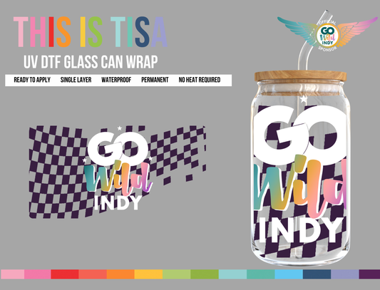 UV DTF Can Glass 16 oz Wrap:  Go Wild Indy Checkered Flag Wrap