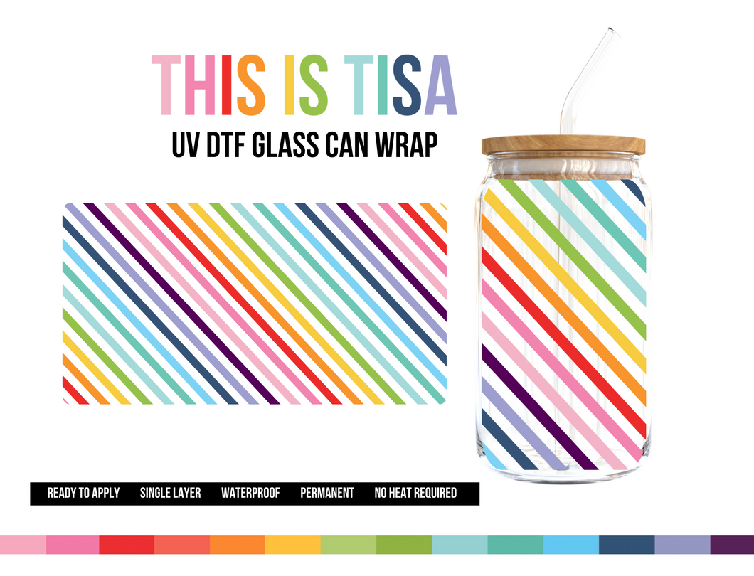 UV DTF Can Glass 16 oz Wrap:  Rainbow Stripes