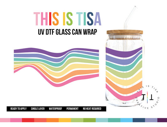 UV DTF Can Glass 16 oz Wrap:  Wavy Rainbow